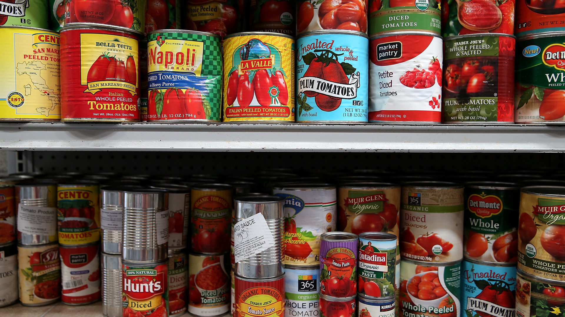 SAN FRANCISCO, CA - MAY 01: Canned tomatoes line the shelves of a pantry at the SF-Marin Food Bank on May 1, 2014 in San Francisco, California. Food banks are bracing for higher food costs and an increased demand for food from the needy as food prices are skyrocketing due to a reduction in food stamps and drought conditions in several states. (Photo by Justin Sullivan/Getty Images)